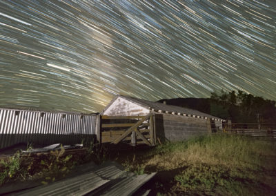Milky Way star trails over barn in Baker Oregon