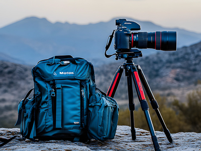 Camera and backpack sitting on a large rock with mountain in the distance